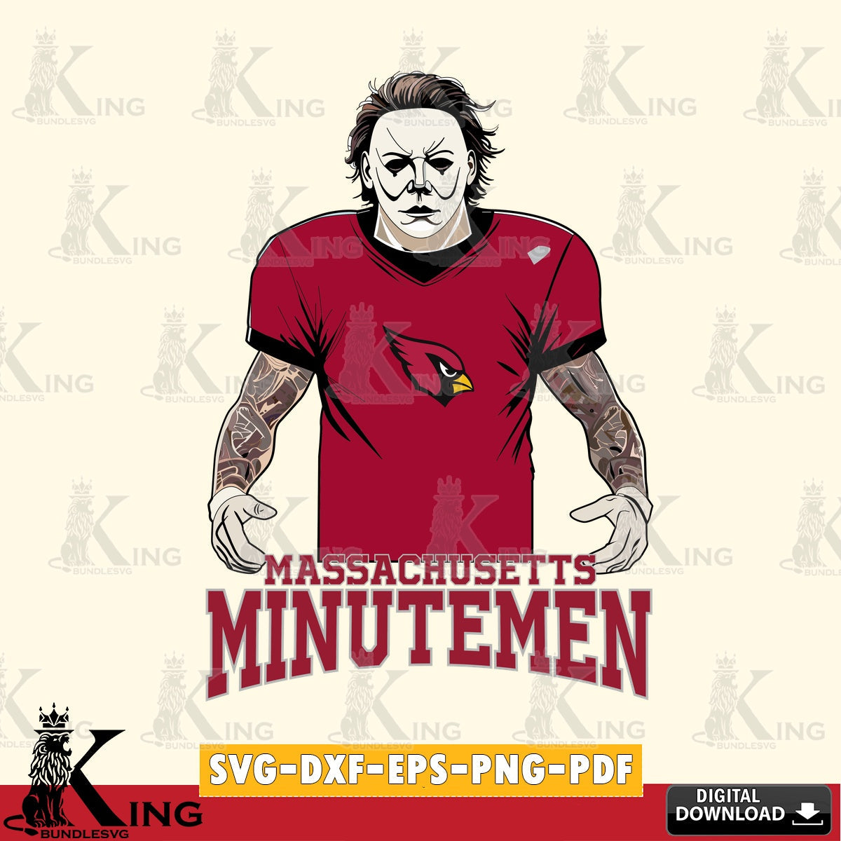 Mega bundle containing Massachusetts Minutemen Michael Myers Tattoo Football crafting file for iron-on transfer and vinyl decals.