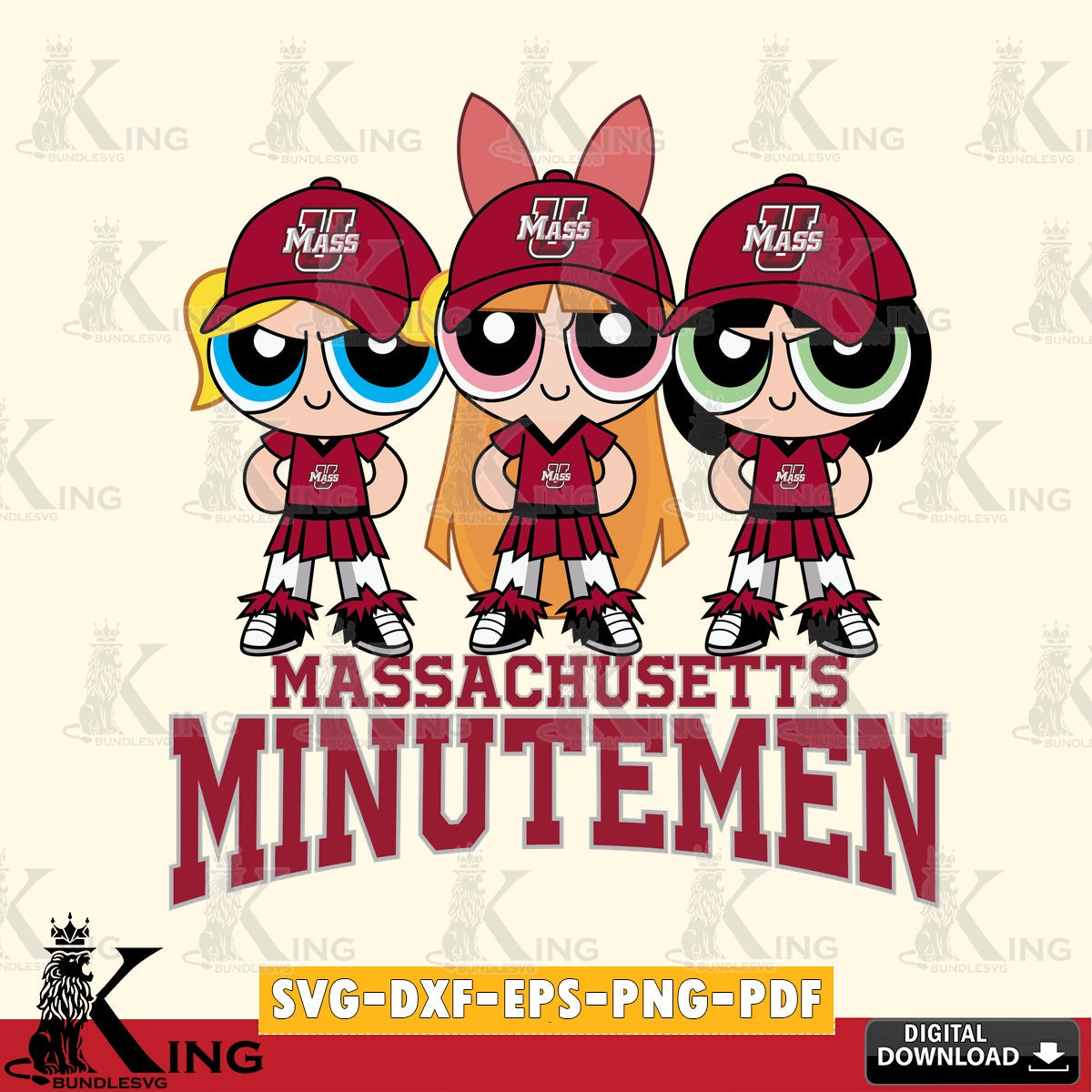 Premium pack containing Massachusetts Minutemen PowerPuff Girls Football NCAA cut design SVG PNG design suitable for Glowforge