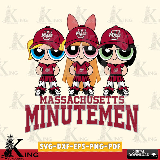 Premium pack containing Massachusetts Minutemen PowerPuff Girls Football NCAA cut design SVG PNG design suitable for Glowforge