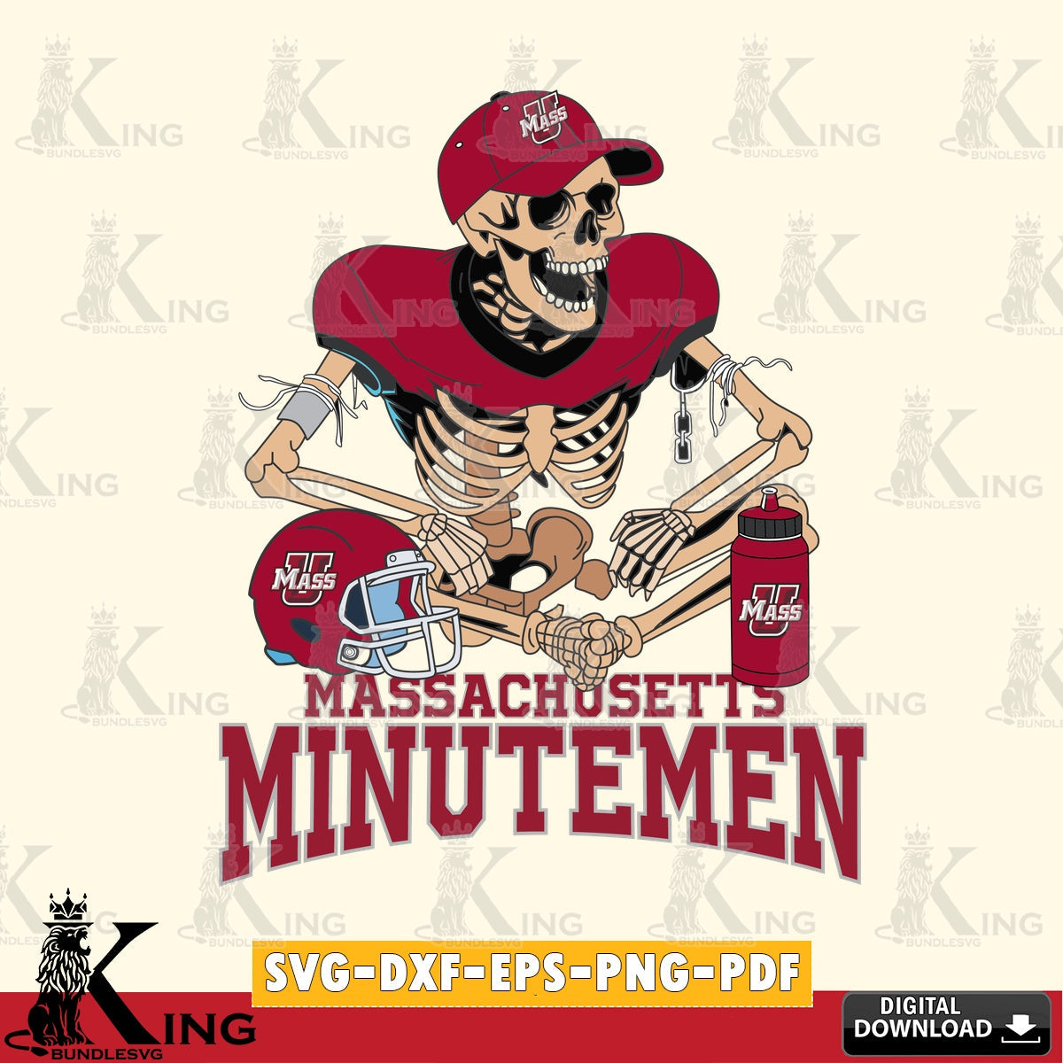 Mega bundle containing a Massachusetts Minutemen Skeleton Player Football, versatile clip art for stickers, decals, and mugs.