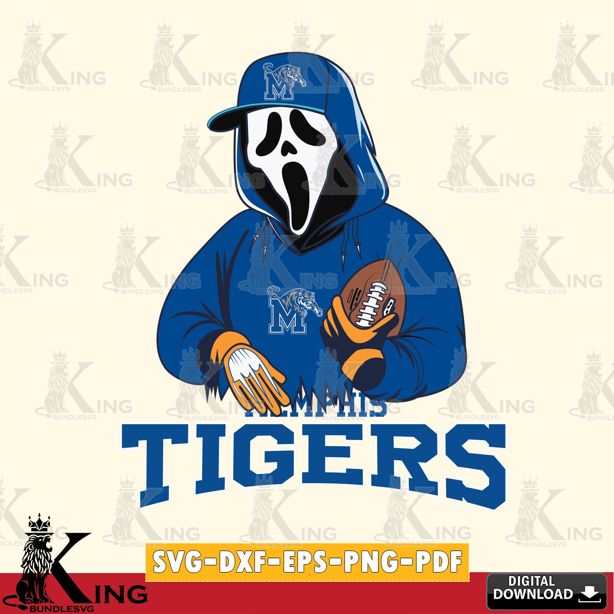 Hand-drawn style art of Memphis Tigers Ghostface Scream football player, NCAA, vector illustration for POD merchandise and apparel