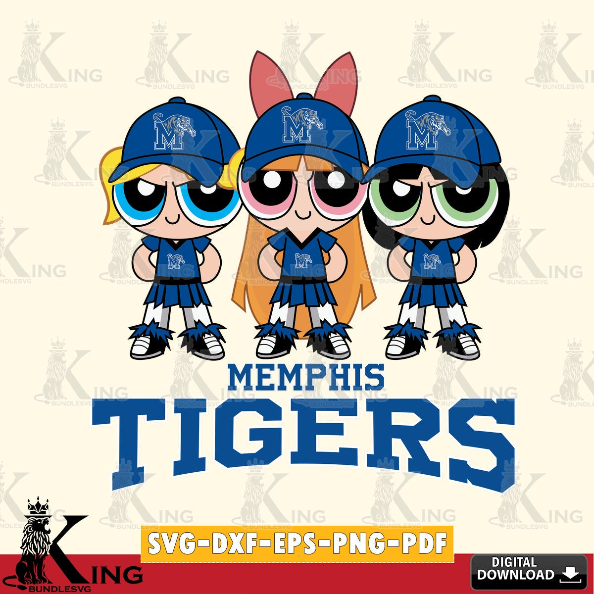 Creative design featuring Memphis Tigers PowerPuff Girls Football, NCAA cut SVG PNG files perfect for Cricut and Silhouette