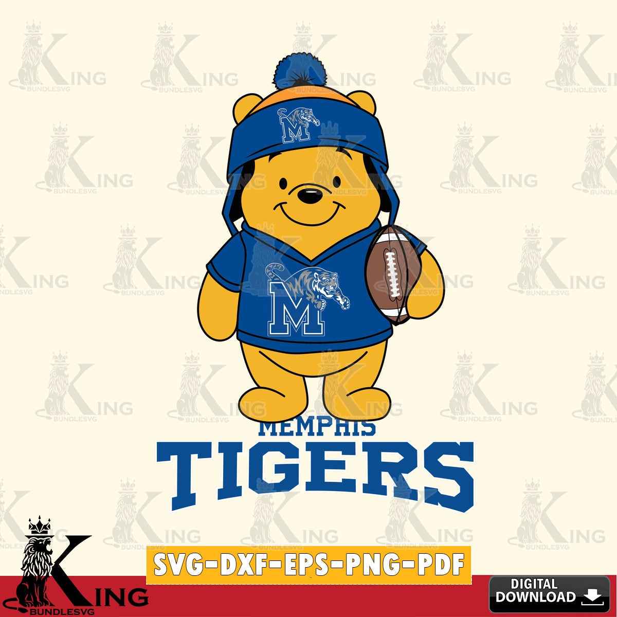 Printable art of Memphis Tigers Winnie the Pooh player in Football NCAA, vector illustration for POD merchandise and apparel