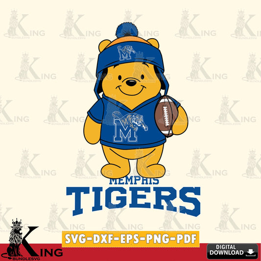Printable art of Memphis Tigers Winnie the Pooh player in Football NCAA, vector illustration for POD merchandise and apparel