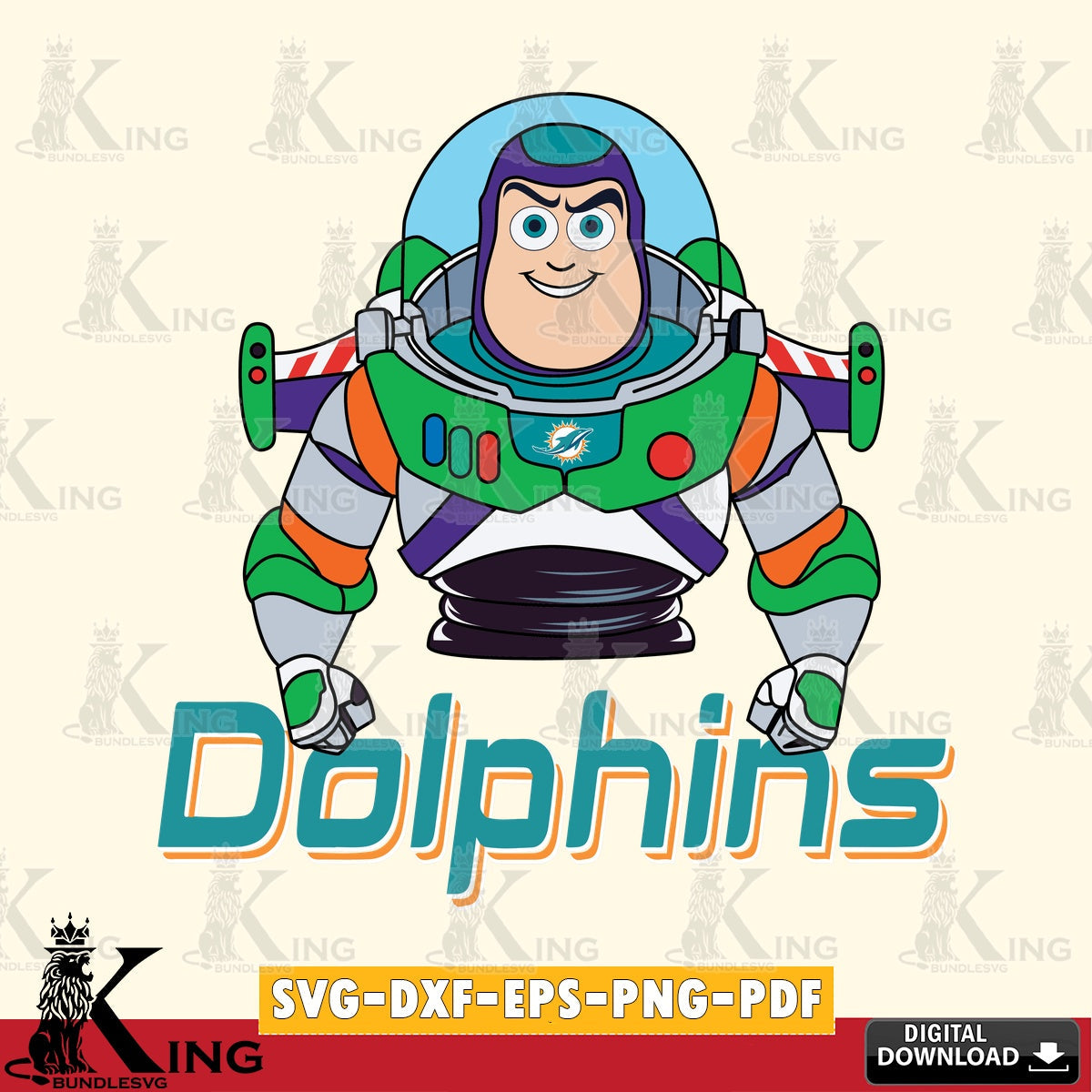 Artistic drawing of a Miami Dolphins Buzz Lightyear football, NFL cut file ideal for vinyl projects and T-shirt printing.