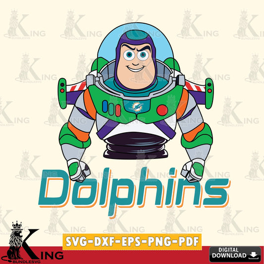 Artistic drawing of a Miami Dolphins Buzz Lightyear football, NFL cut file ideal for vinyl projects and T-shirt printing.