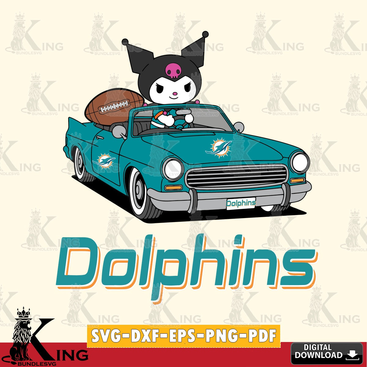 Miami Dolphins Kuromi Car Football Game SVG file, Cricut, Cut file  , Digital Download , Instant Download, Sanrio svg, Clipart