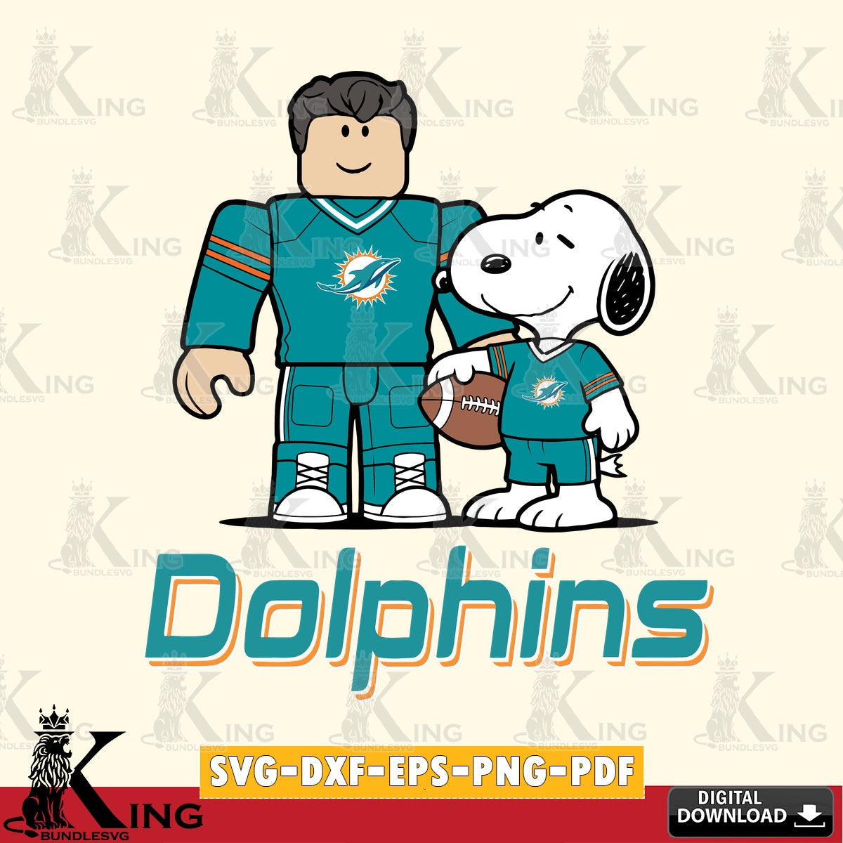 Printable art of Miami Dolphins Roblox and Snoopy Football, NFL vector illustration for POD merchandise and apparel