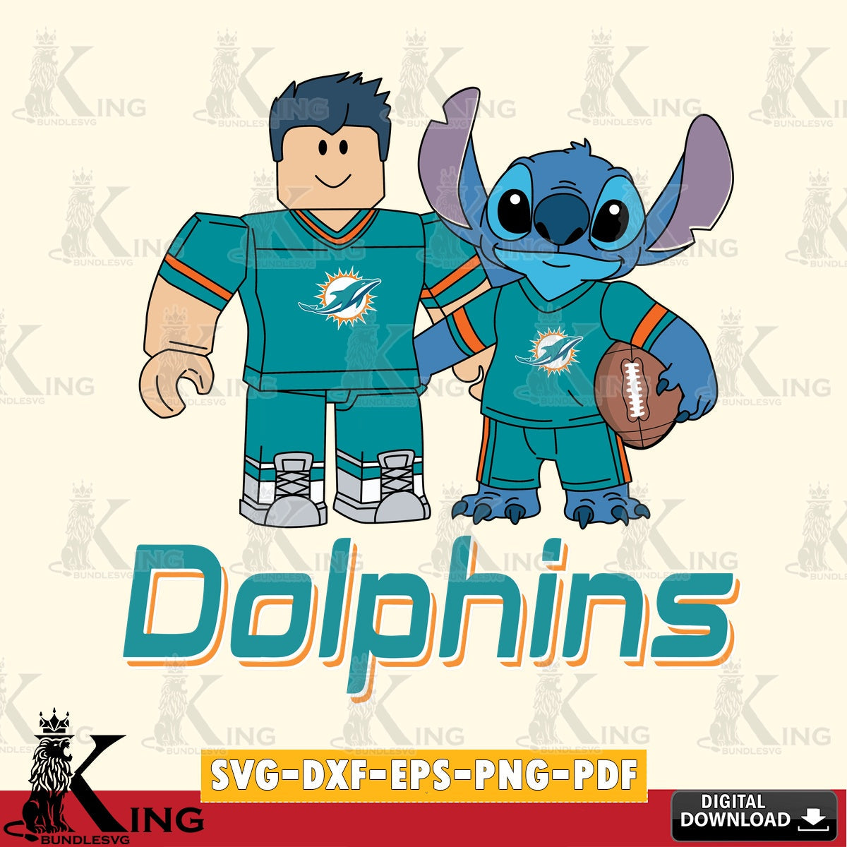 Modern graphic depicting Miami Dolphins Roblox & Stitch Football, NFL File cut, PNG clipart for sublimation printing and graphic