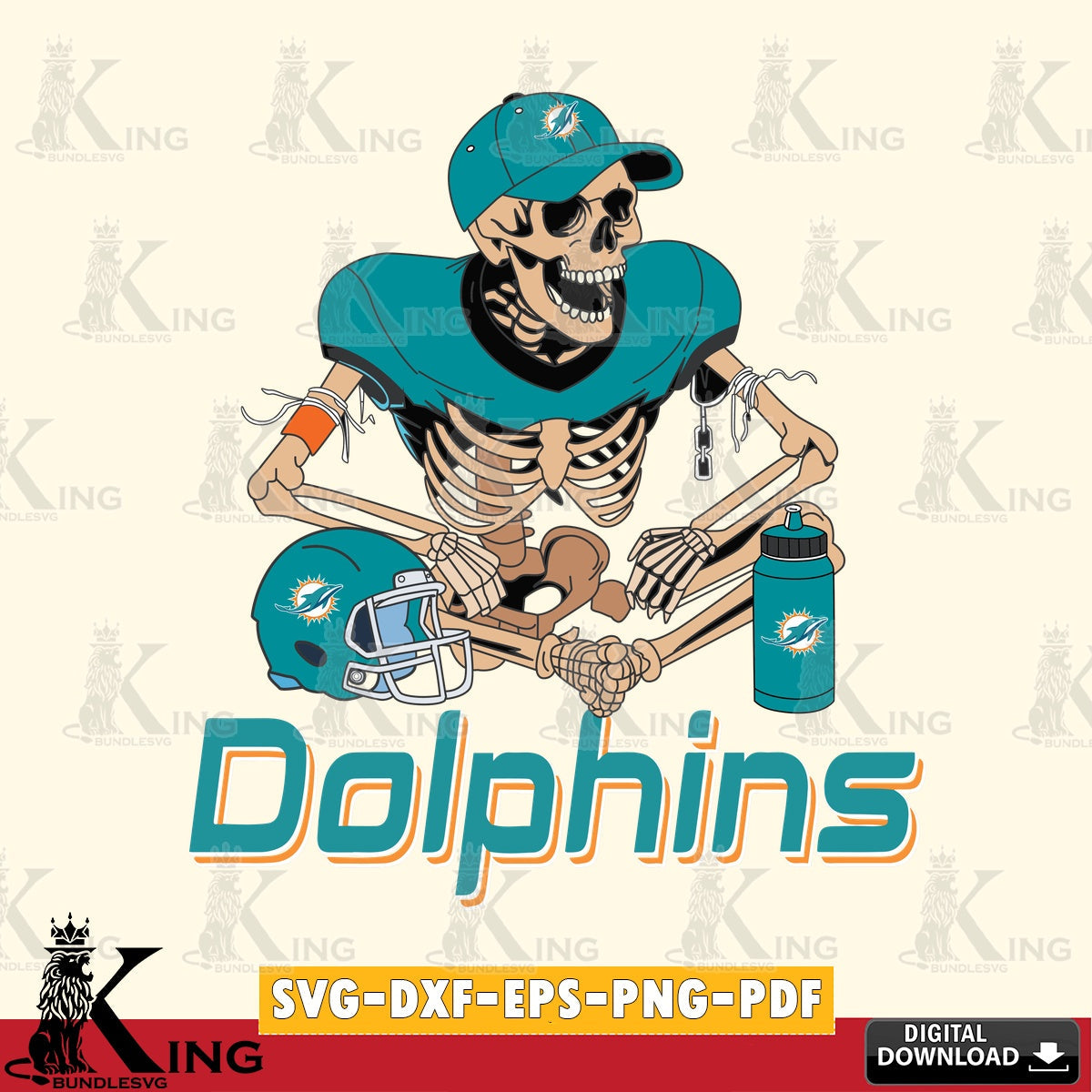 Detailed illustration of a Miami Dolphins skeleton player playing football, PNG clipart for sublimation printing and graphic