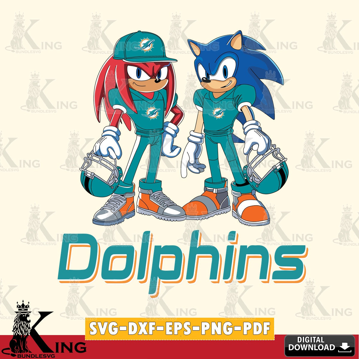 Hand-drawn style art of Miami Dolphins Sonic and Knuckles player football SVG cut file for personalized gifts and laser projects