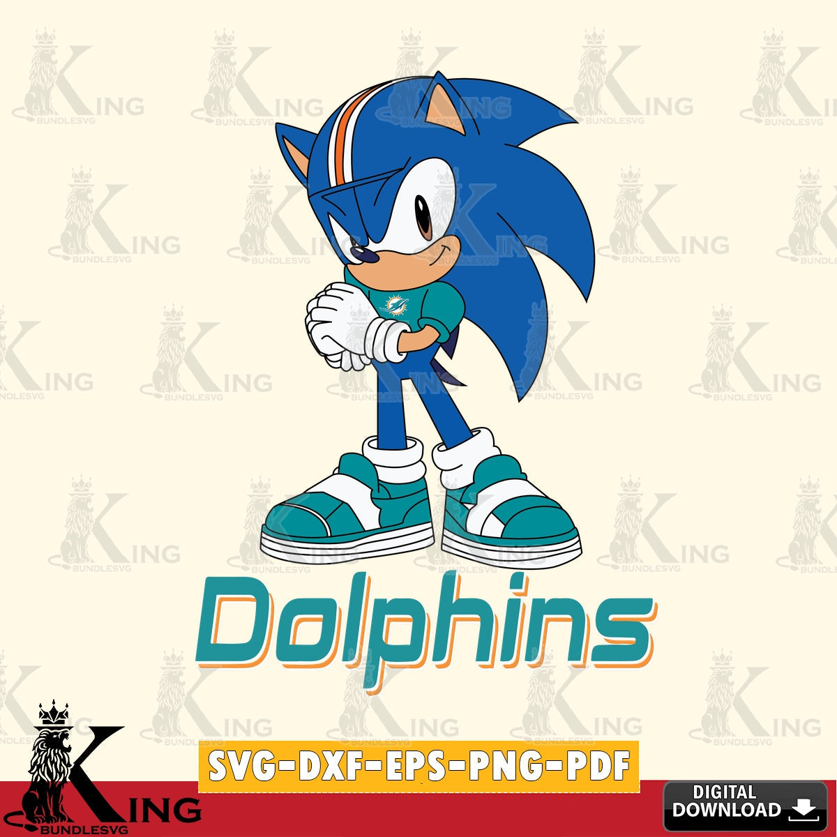 Hand-drawn style art of Miami Dolphins Sonic cute Football PNG clipart for sublimation printing and graphic design