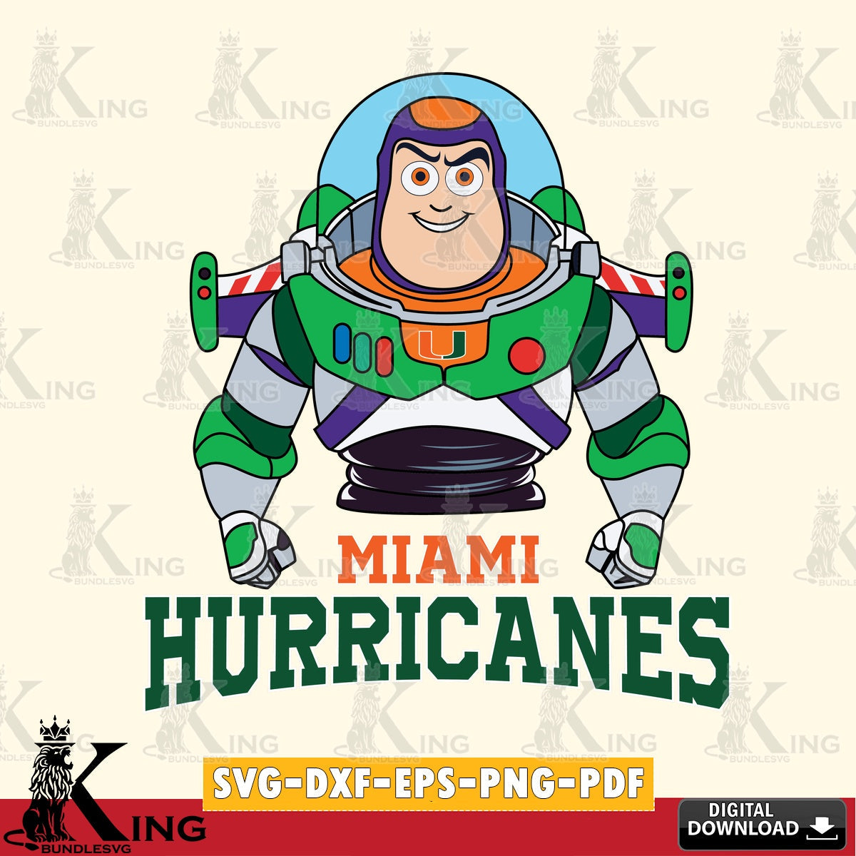 Digital clipart of Miami Hurricanes Buzz Lightyear Football, NCAA SVG PNG design suitable for Glowforge and laser cutting.