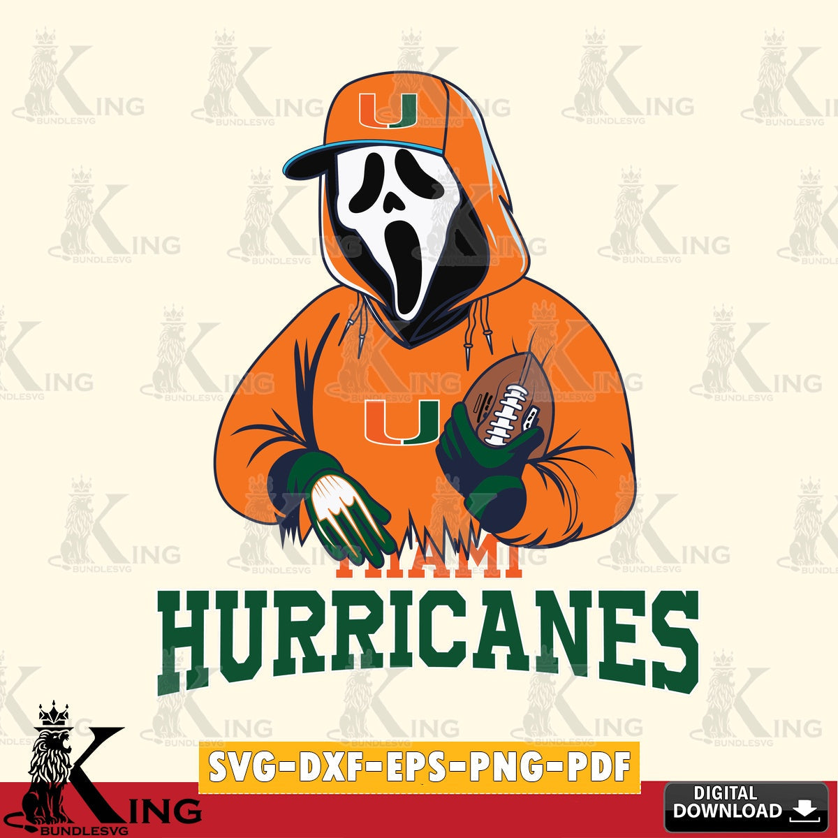 Artistic drawing of Miami Hurricanes Ghostface Scream player Football, a digital file for silhouette cameo and cricut projects