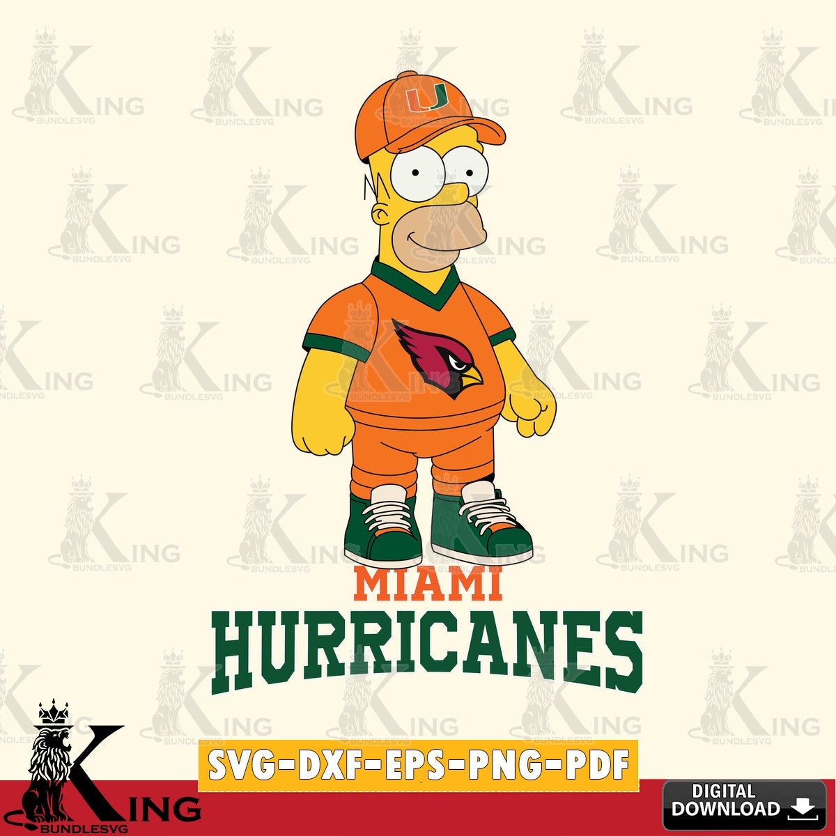 High-quality graphic of Miami Hurricanes Homer Simpson playing football, a digital clipart compatible with laser engraving and