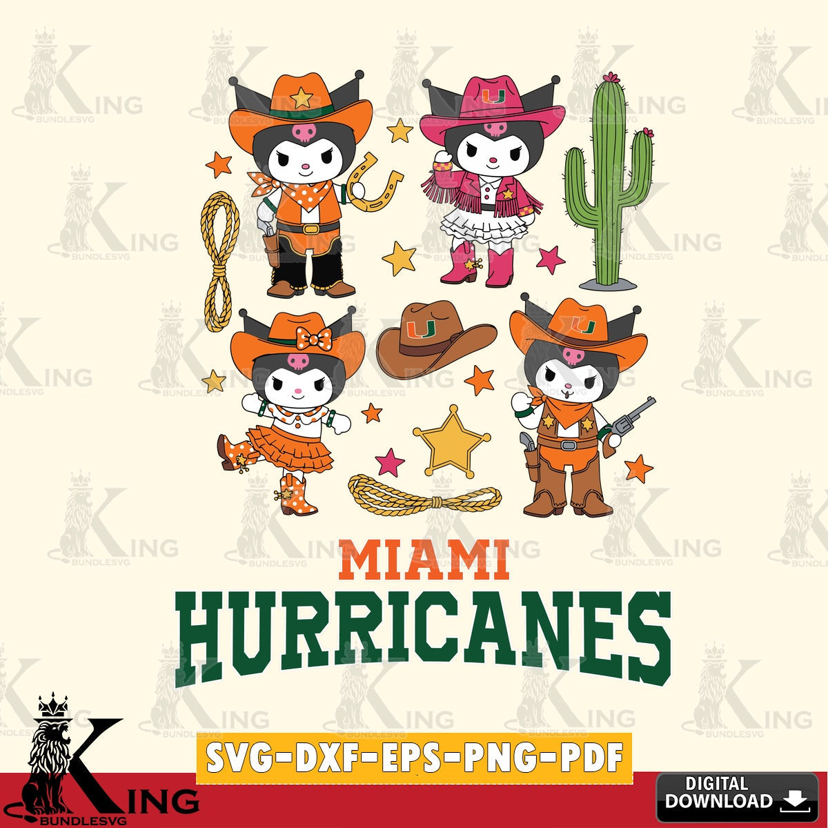 Miami Hurricanes Kuromi Cowboy Western SVG file, Cricut, Cut file  , Digital Download , Instant Download, Sanrio svg, Clipart