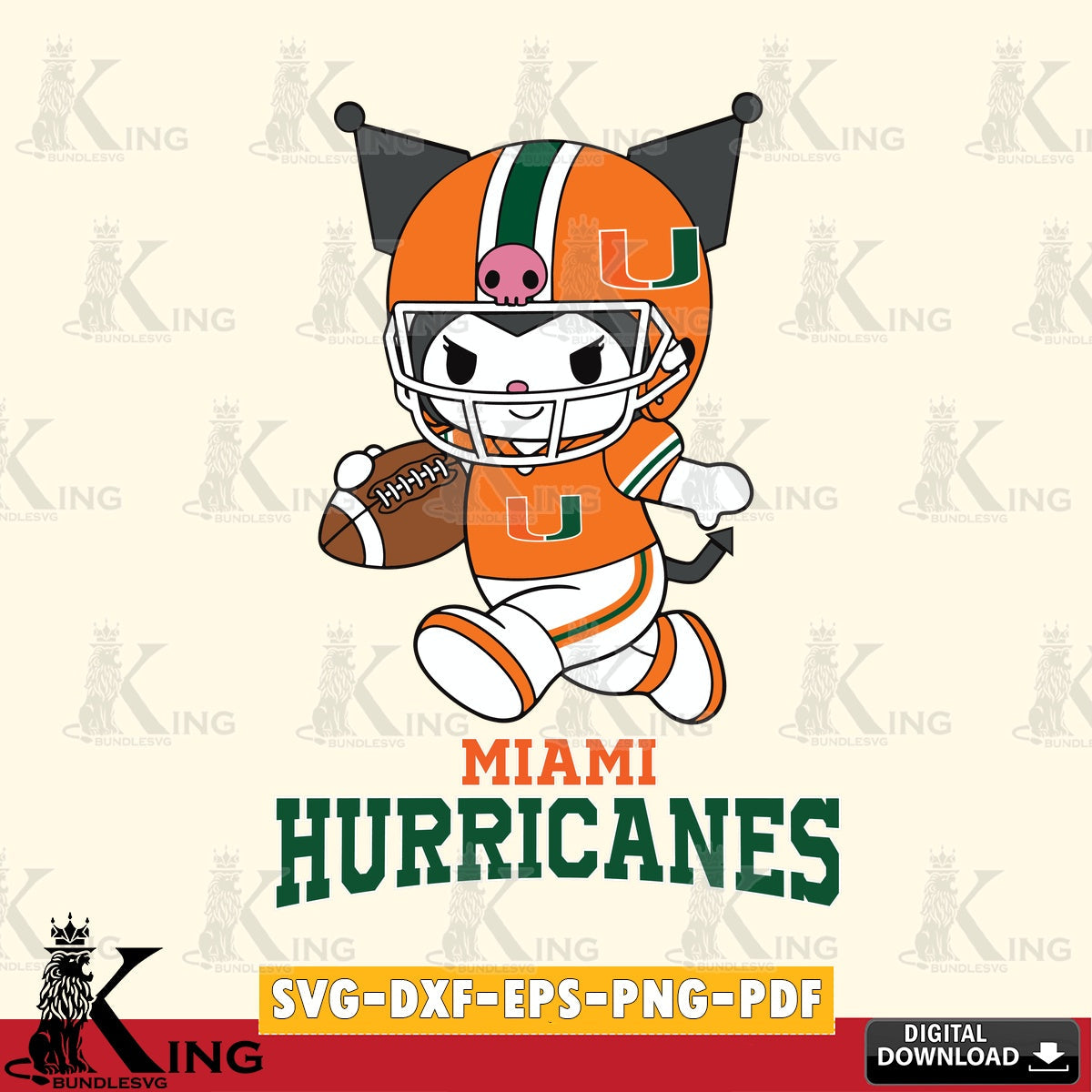 Miami Hurricanes Kuromi Football Run SVG file, Cricut, Cut file  , Digital Download , Instant Download, Sanrio svg, Clipart