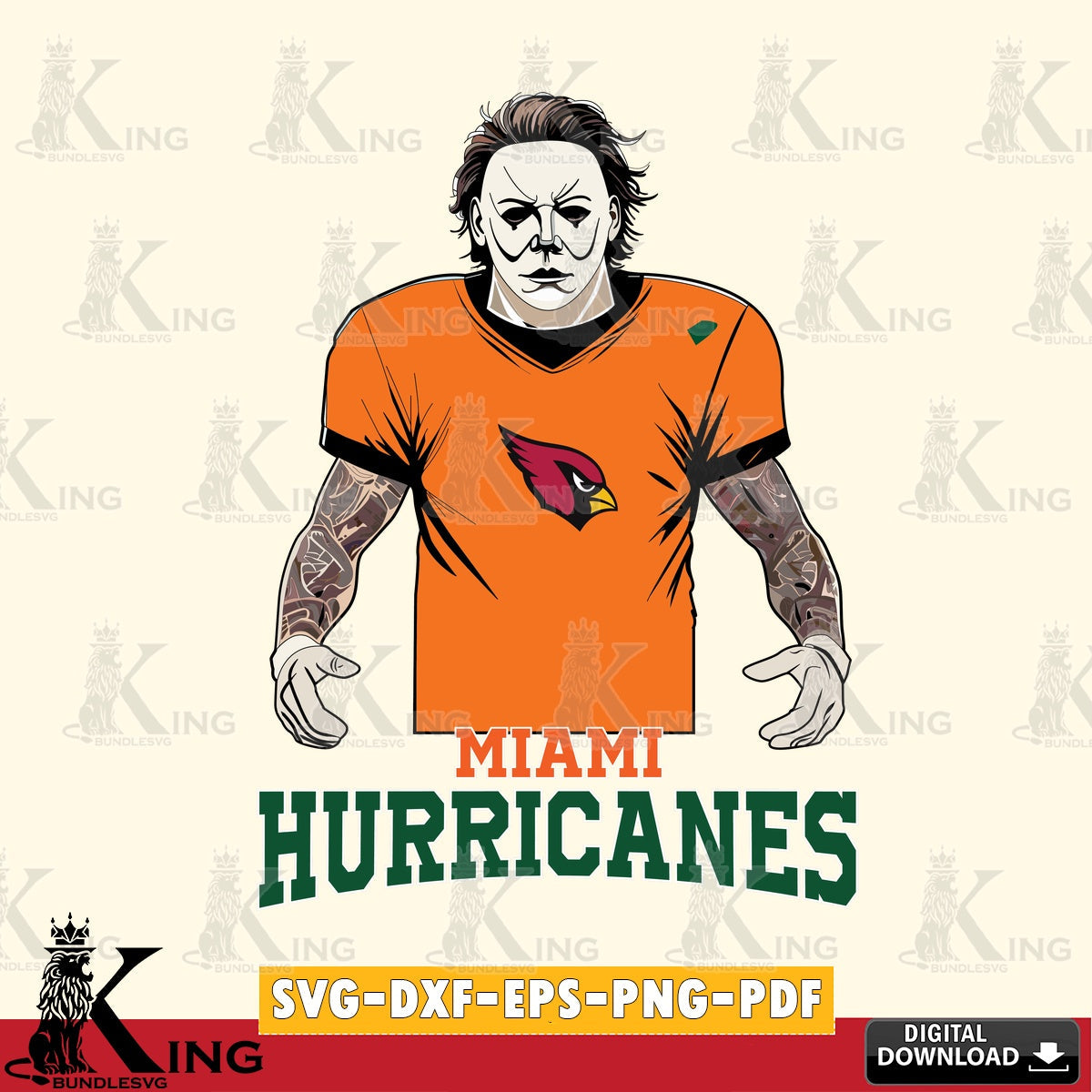 Modern graphic depicting a Miami Hurricanes Michael Myers tattoo football NCAA design, SVG PNG design suitable for Glowforge and
