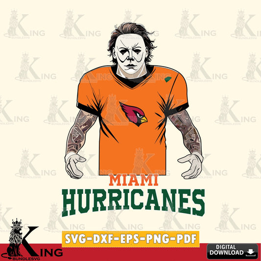 Modern graphic depicting a Miami Hurricanes Michael Myers tattoo football NCAA design, SVG PNG design suitable for Glowforge and