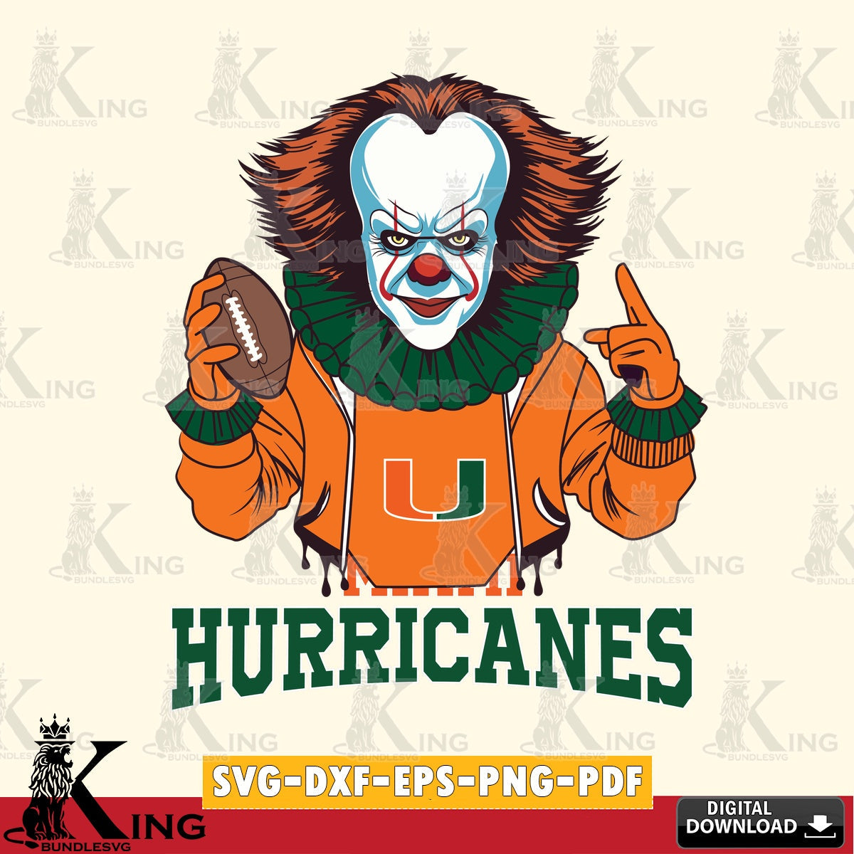 Vector design showing Miami Hurricanes Pennywise player football, a digital download for Cricut Maker and paper crafts