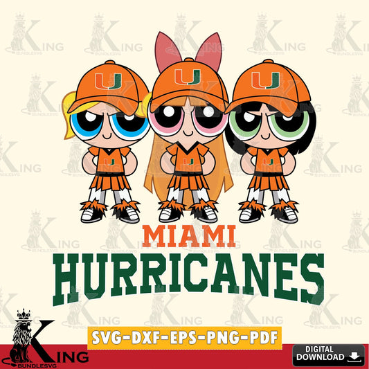 Hand-drawn style art of Miami Hurricanes PowerPuff Girls football, NCAA, PNG clipart for sublimation printing and graphic design