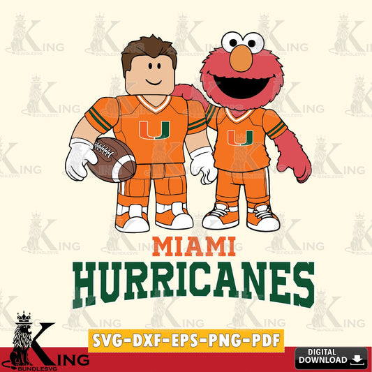 Eye-catching graphic of Miami Hurricanes Roblox & Elmo playing football, NCAA Cricut, printable vector design for sublimation and