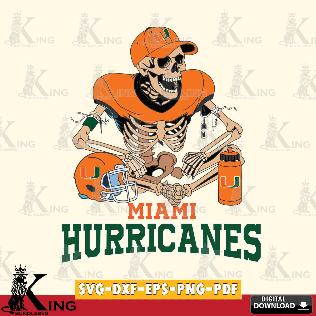 Artistic drawing of a Miami Hurricanes skeleton player playing football, vector illustration for POD merchandise and apparel