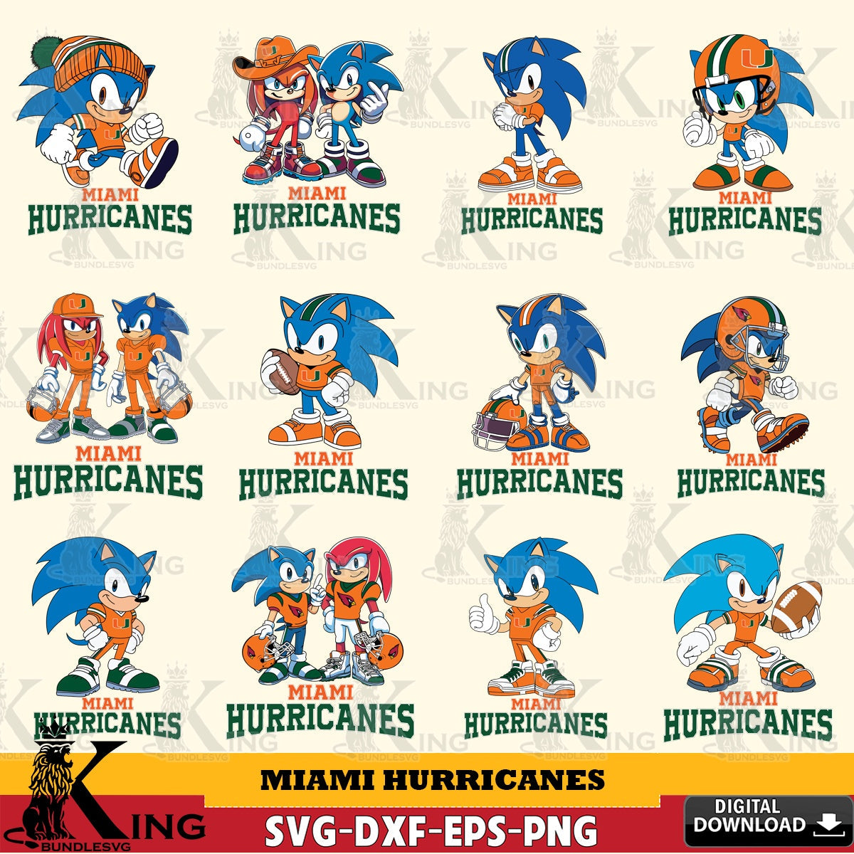 Massive pack of Miami Hurricanes Sonic & Knuckles NCAA Football bundle, versatile clip art for stickers, decals, and mugs