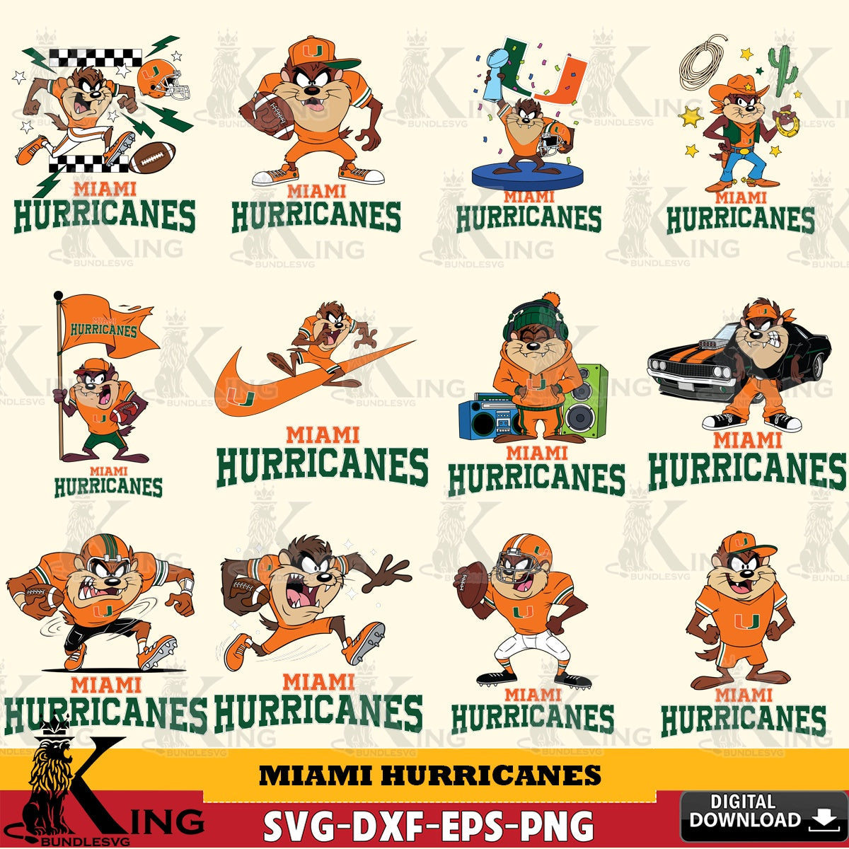 Miami Hurricanes Taz Football NCAA Bundle SVG file, Cut file  , Digital Download , Instant Download, Taz svg, NCAA svg