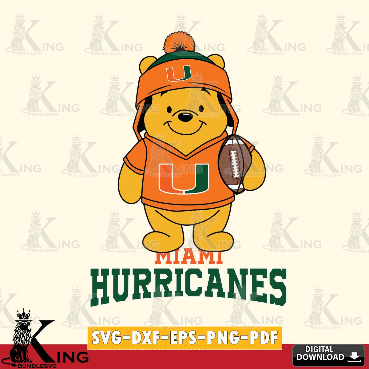 High-quality graphic of a Miami Hurricanes Winnie the Pooh player in a football design, cut file ideal for vinyl projects and