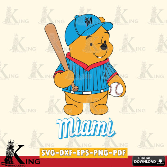 Unique artwork depicting Miami Marlins Baseball Batter Winnie the Pooh digital file for silhouette cameo and cricut projects