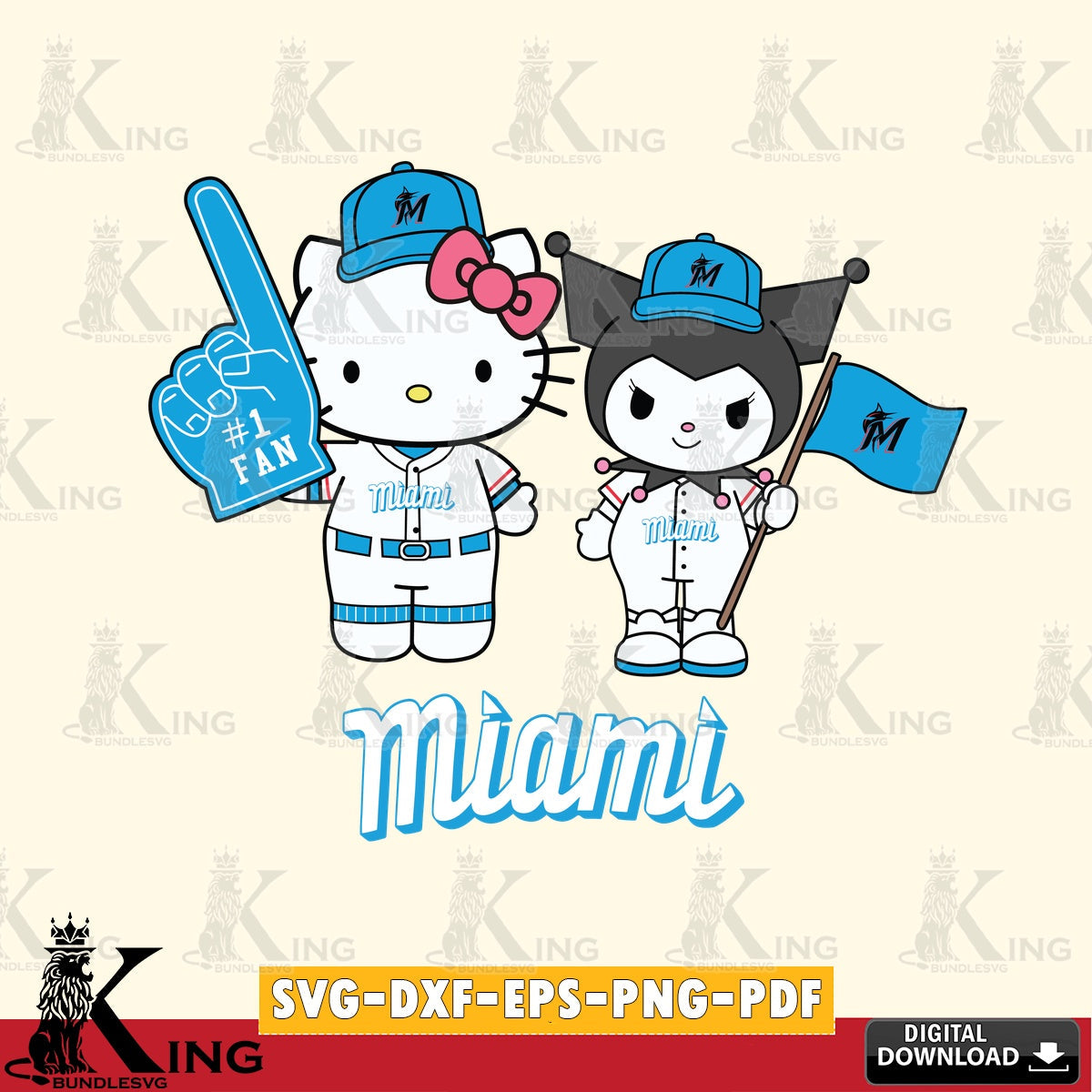 Complete bundle for Miami Marlins Hello Kitty Kuromi fan baseball, PNG clipart for sublimation printing and graphic design