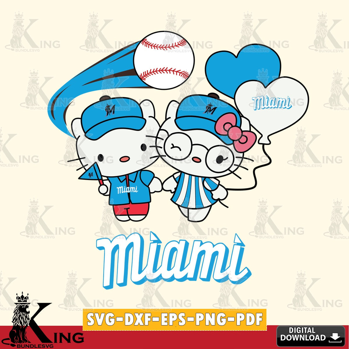 Jumbo collection of Miami Marlins Hello Kitty baseball couple vector art for engraving, cutting, and printing.