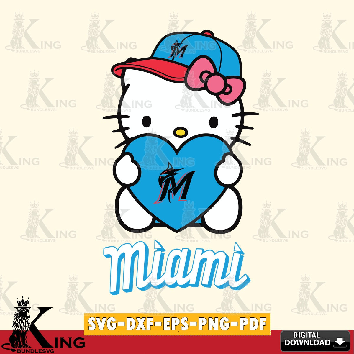 All-in-one bundle of Miami Marlins Hello Kitty baseball heart vector illustration for POD merchandise and apparel