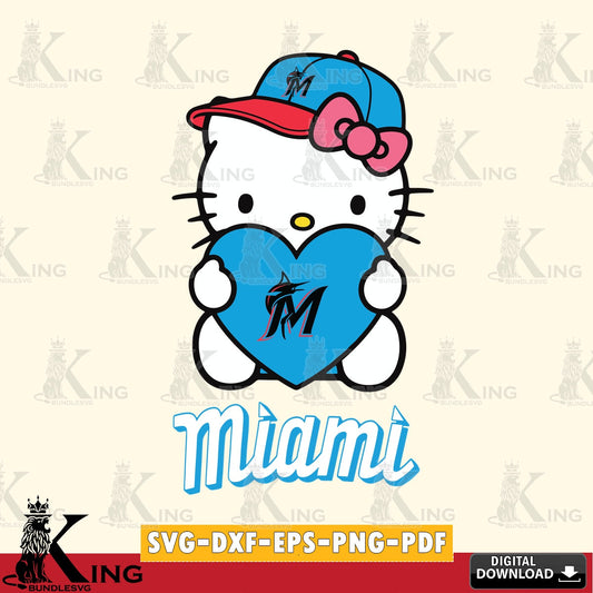 All-in-one bundle of Miami Marlins Hello Kitty baseball heart vector illustration for POD merchandise and apparel