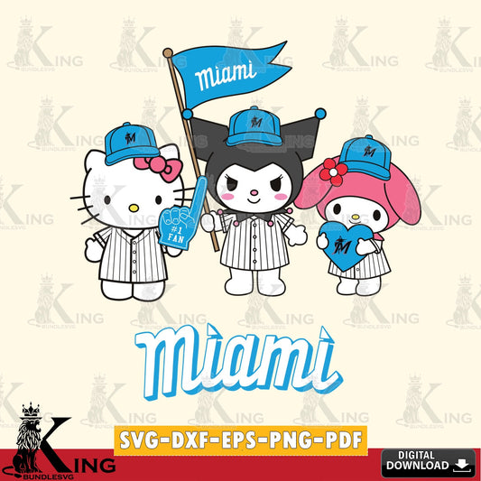 Hand-drawn style art of Miami Marlins Kawaii friends Baseball vector illustration for POD merchandise and apparel