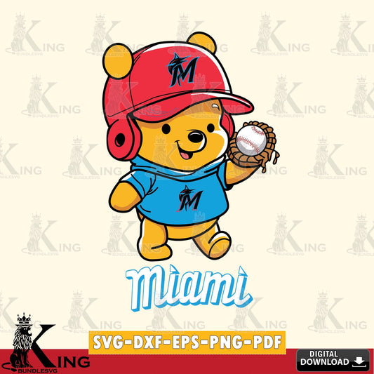 Eye-catching graphic of Miami Marlins Pooh Bear Baseball, a digital clipart compatible with laser engraving and cutting.