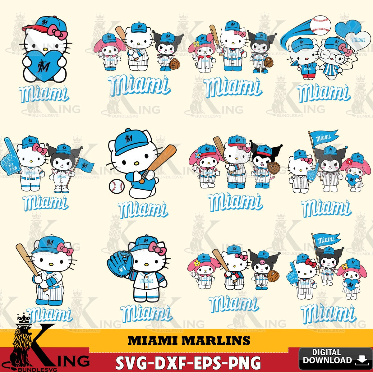 Exclusive set of Miami Marlins Sanrio Squad Baseball MLB Bundle high-quality vector for DIY scrapbooking and home decor