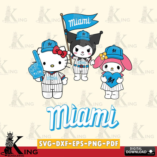 Modern graphic depicting Miami Marlins Sanrio Squad cute design, SVG PNG design suitable for Glowforge and laser cutting