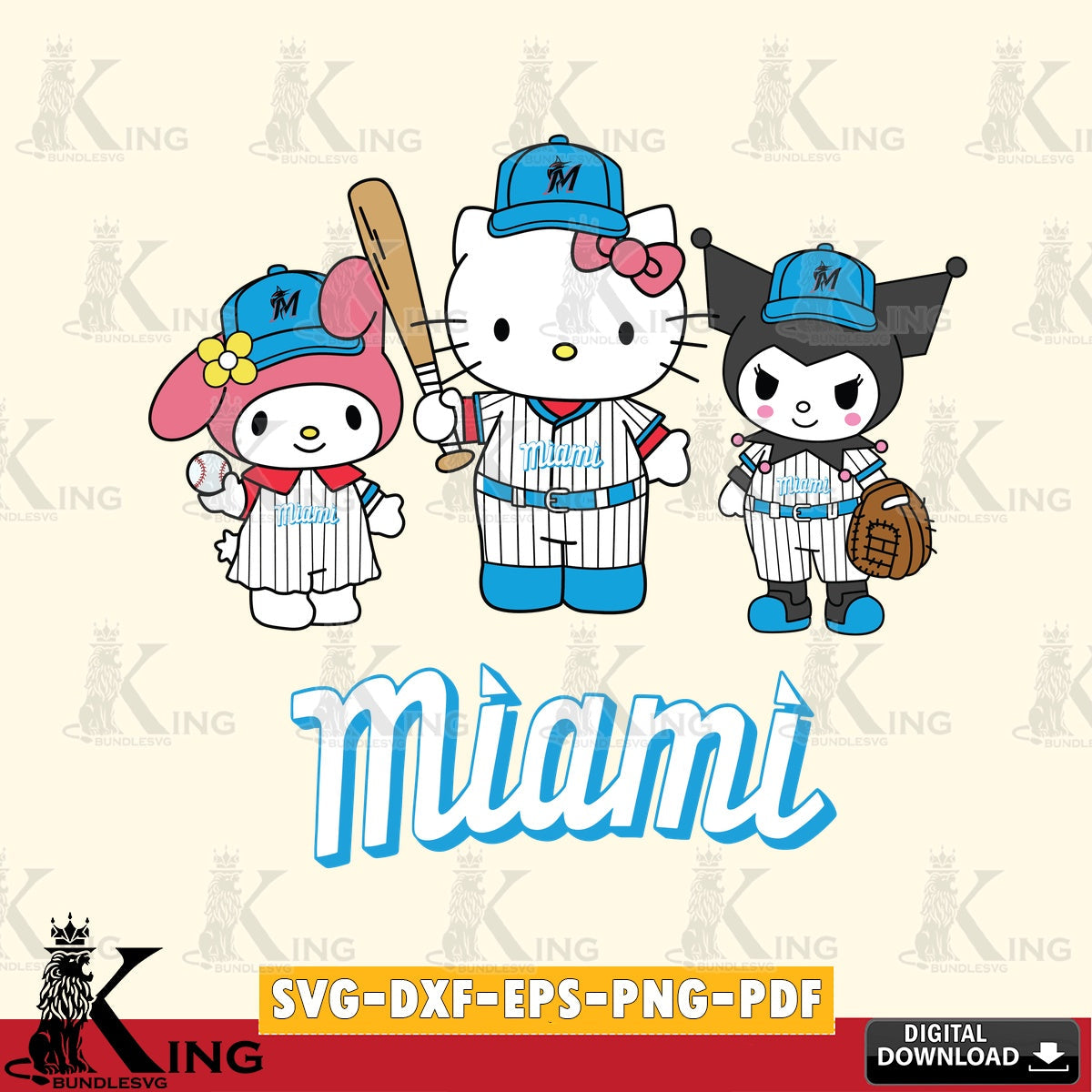 Ultimate set containing Miami Marlins Squad kitty kuromi melody, a digital download for Cricut Maker and paper crafts