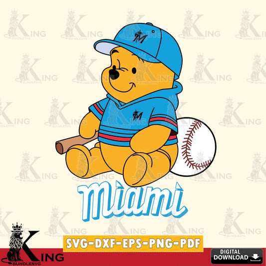 Stylish representation of Miami Marlins Winnie the Pooh baseball crafting file for iron-on transfer and vinyl decals.