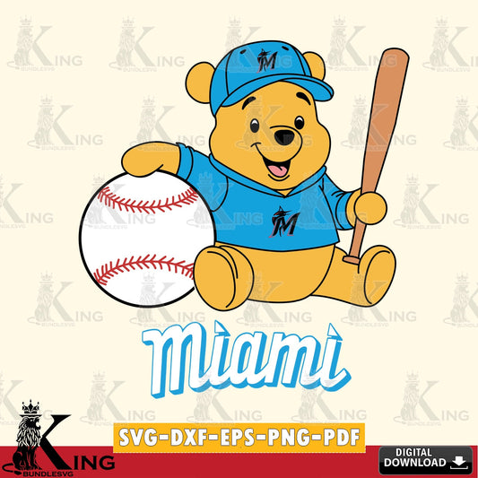 Detailed illustration of a Miami Marlins Winnie the Pooh baseball star player, crafting file for iron-on transfer and vinyl