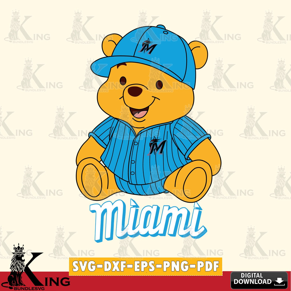Hand-drawn style art of Miami Marlins Winnie the Pooh cute baseball, cut file ideal for vinyl projects and T-shirt printing.