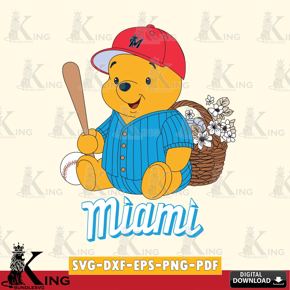 Hand-drawn style art of Miami Marlins Winnie the Pooh with a flower playing baseball, PNG clipart for sublimation printing and