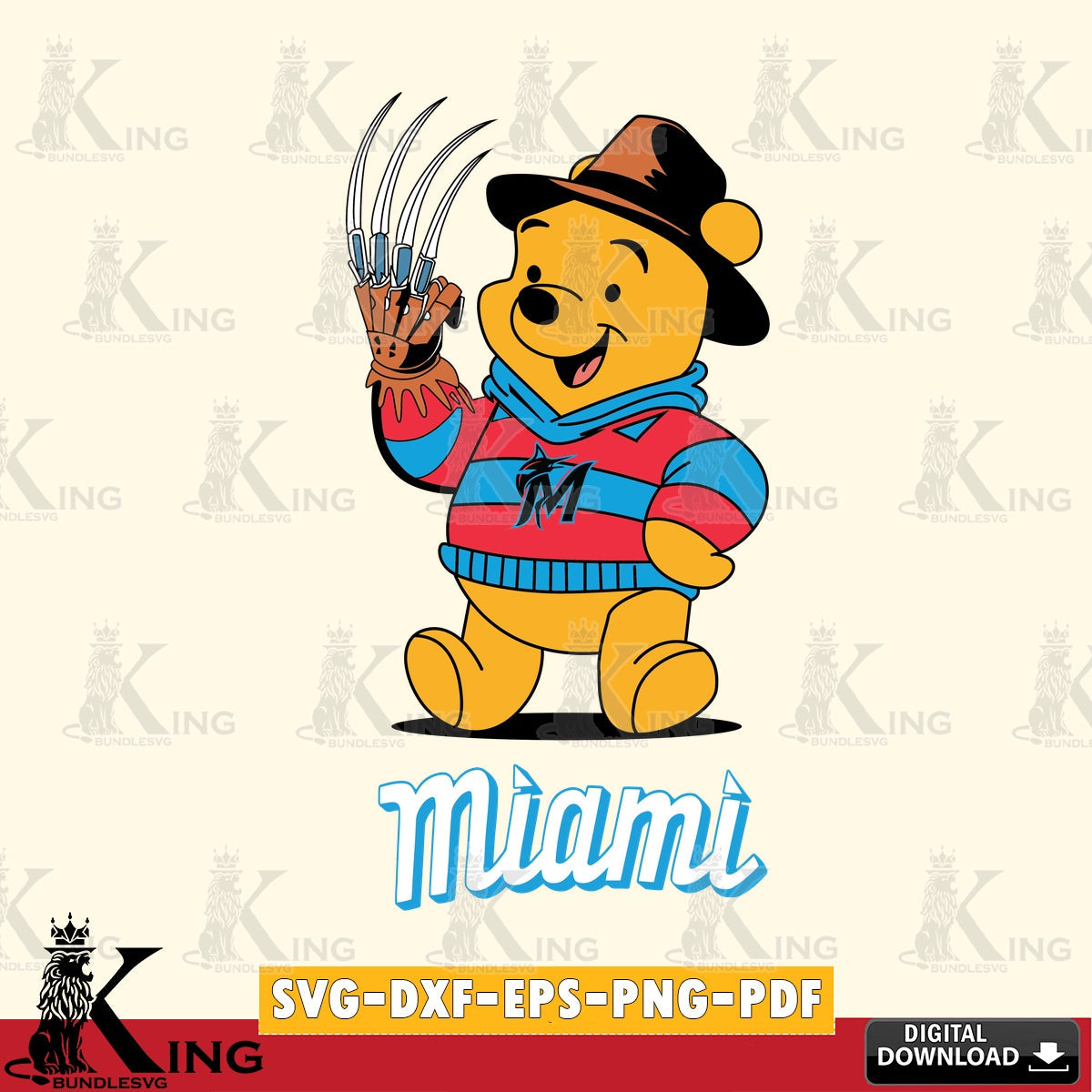 Modern graphic depicting Miami Marlins Winnie the Pooh Freddy Krueger baseball, SVG cut file for personalized gifts and laser