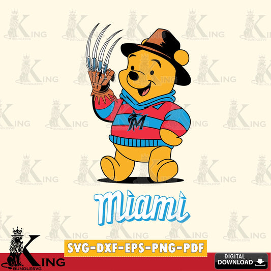 Modern graphic depicting Miami Marlins Winnie the Pooh Freddy Krueger baseball, SVG cut file for personalized gifts and laser