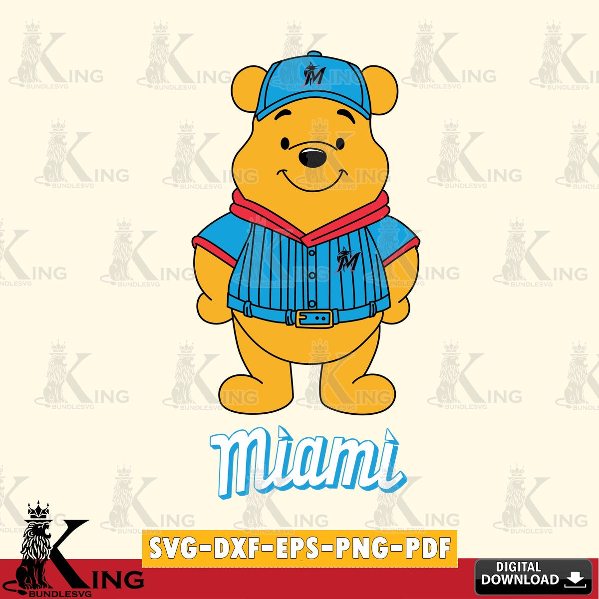 Detailed illustration of Miami Marlins Winnie the Pooh Game Day, PNG clipart for sublimation printing and graphic design