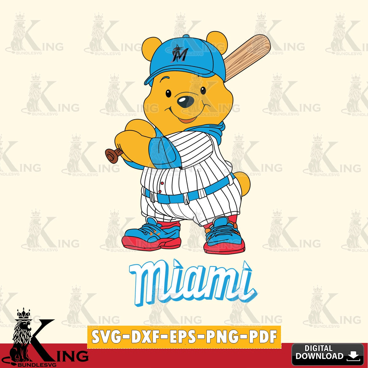 Beautiful illustration of Miami Marlins Winnie the Pooh player baseball digital clipart compatible with laser engraving and