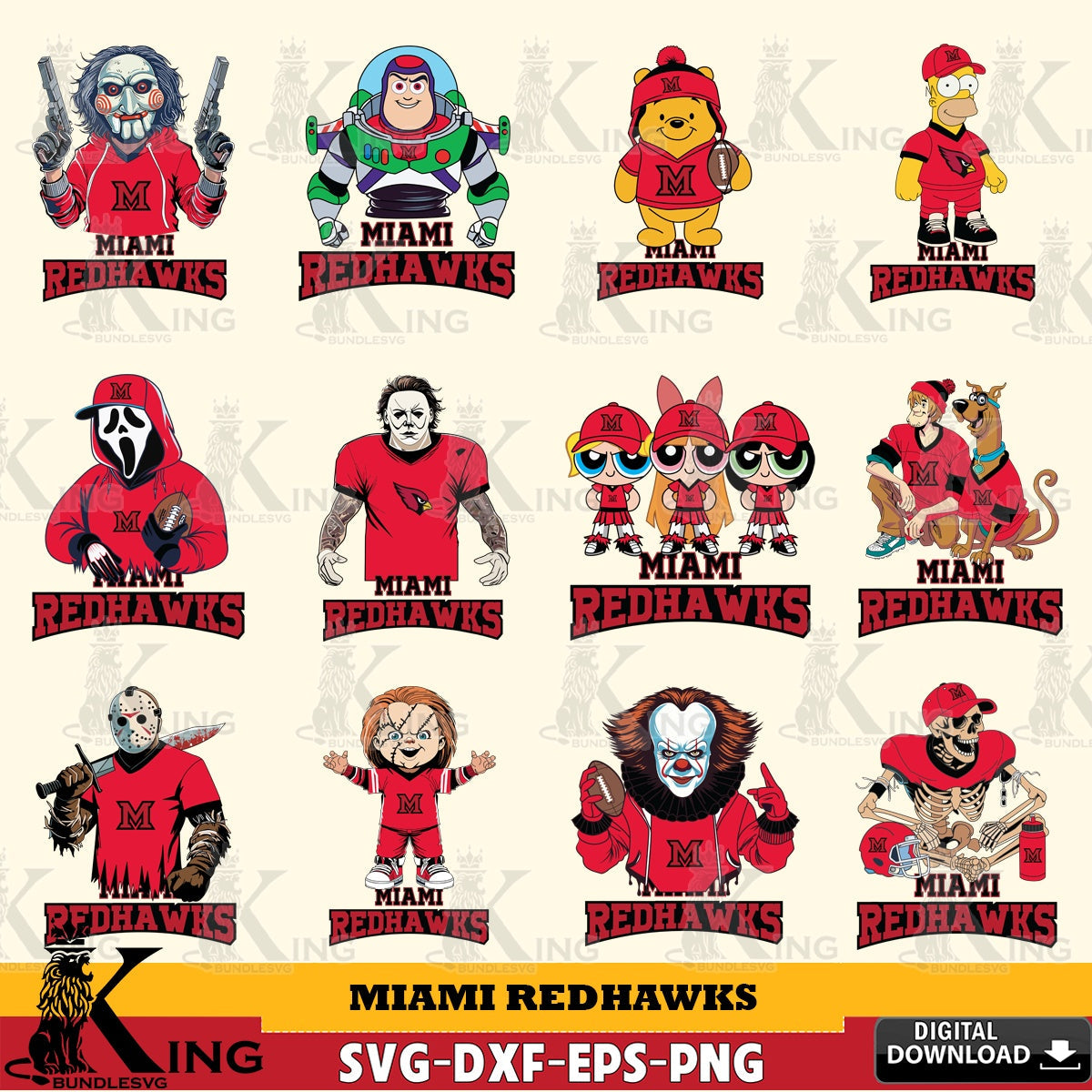 Ultimate set containing Miami RedHawks cartoon football NCAA bundle vector art for engraving, cutting, and printing.
