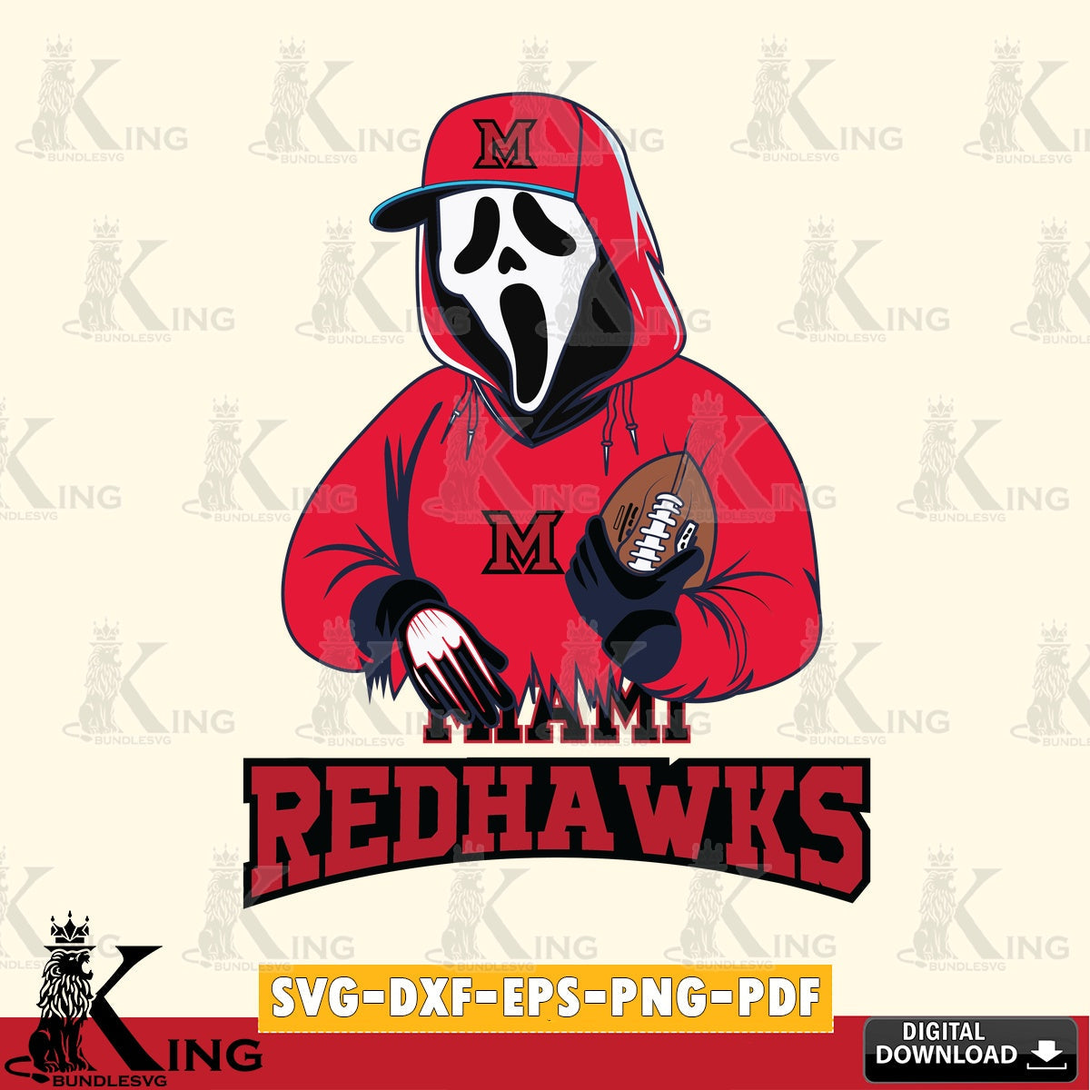 Eye-catching graphic of a Miami RedHawks Ghostface Scream football player, versatile clip art for stickers, decals, and mugs.